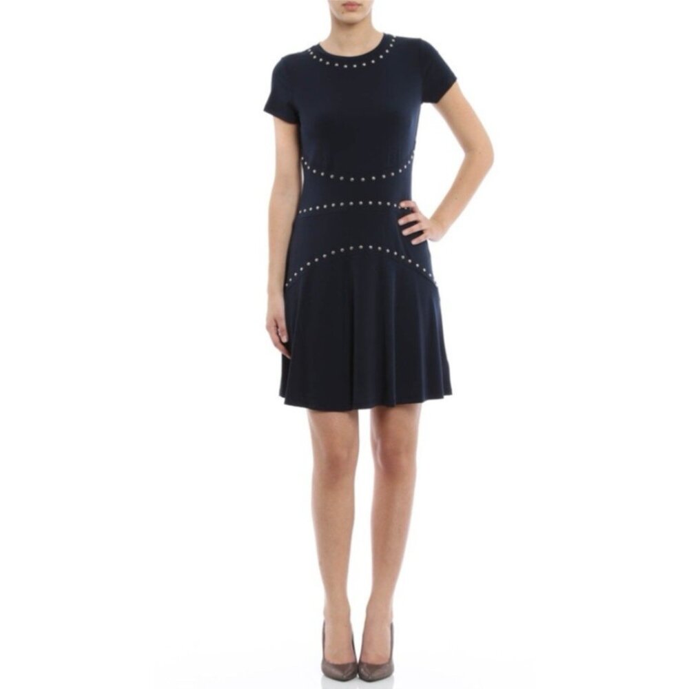 Michael Kors Dress M Medium Navy Blue Jersey Short Sleeve Stretch Gold Studded